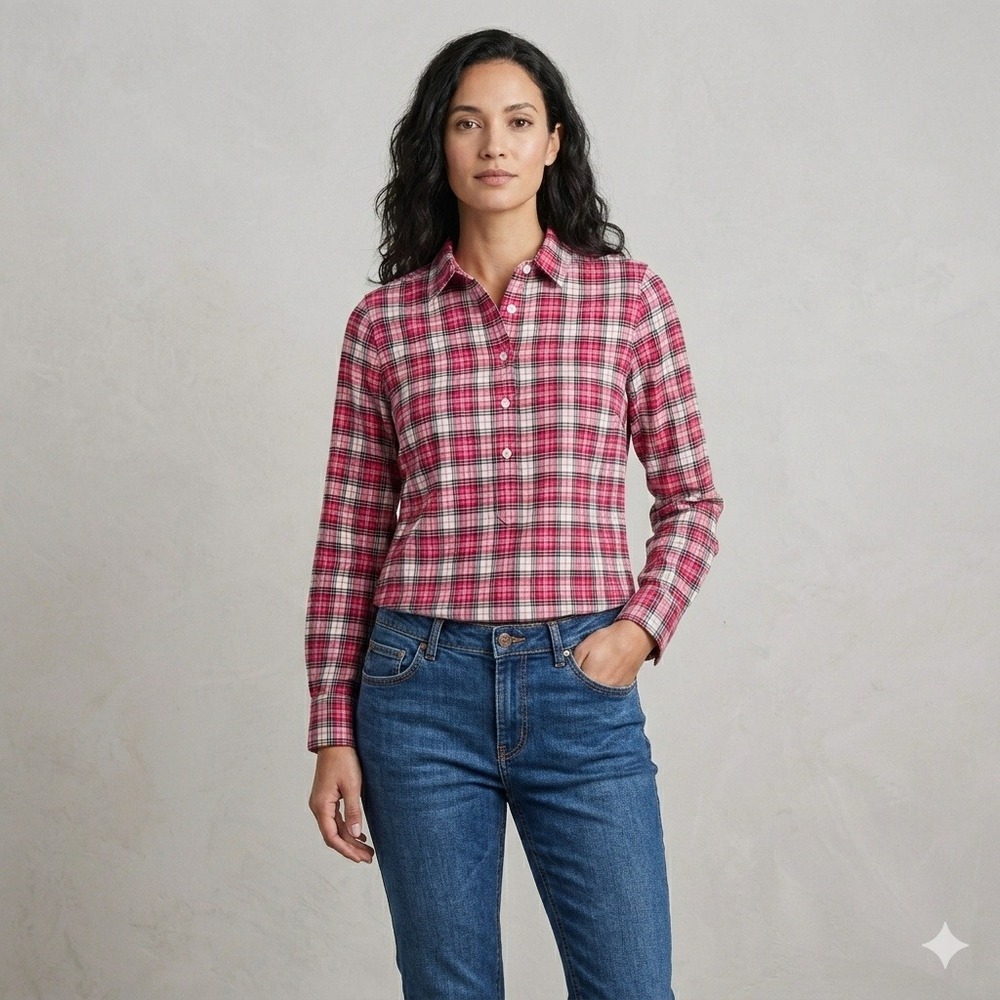 Vineyard Vines Pink Plaid Cotton Cashmere Popover Shirt Womens Size Large 2W0115